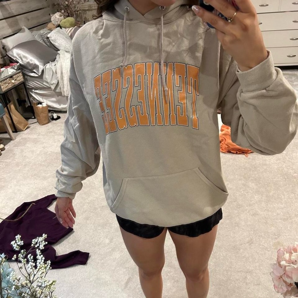 Gildan Beige Hoodie with Orange Print